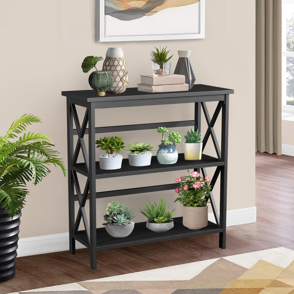 LIVSK Console Boekenkast 3 Open Planken - Anti-Kantel - Industrieel Ontwerp - Grenen en MDF - 40 kg Draagvermogen - Zwart