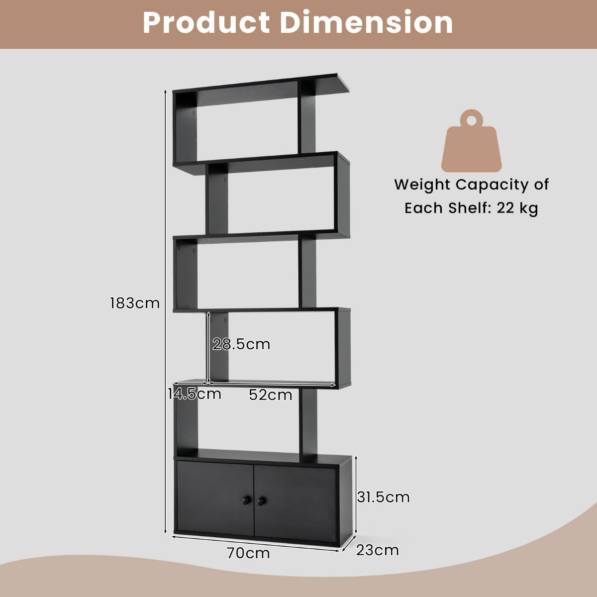 LIVSK S-vormige Boekenkast met Kast - 5 Open Planken - Geometrisch Design - Duurzaam Hout - Antislip Voetkussens - Zwart