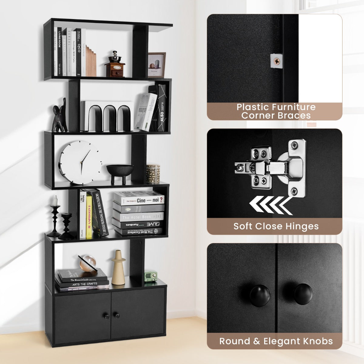 LIVSK S-vormige Boekenkast met Kast - 5 Open Planken - Geometrisch Design - Duurzaam Hout - Antislip Voetkussens - Zwart