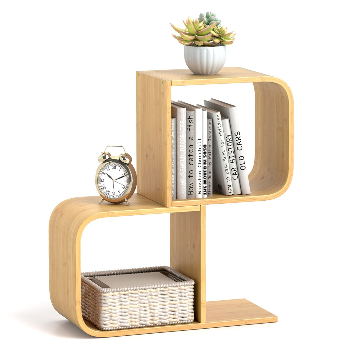 LIVSK Bamboe Boekenrek - S-vormig Design - 2 Vakken - Kantelbeveiliging - Ruimtebesparend - Natuur