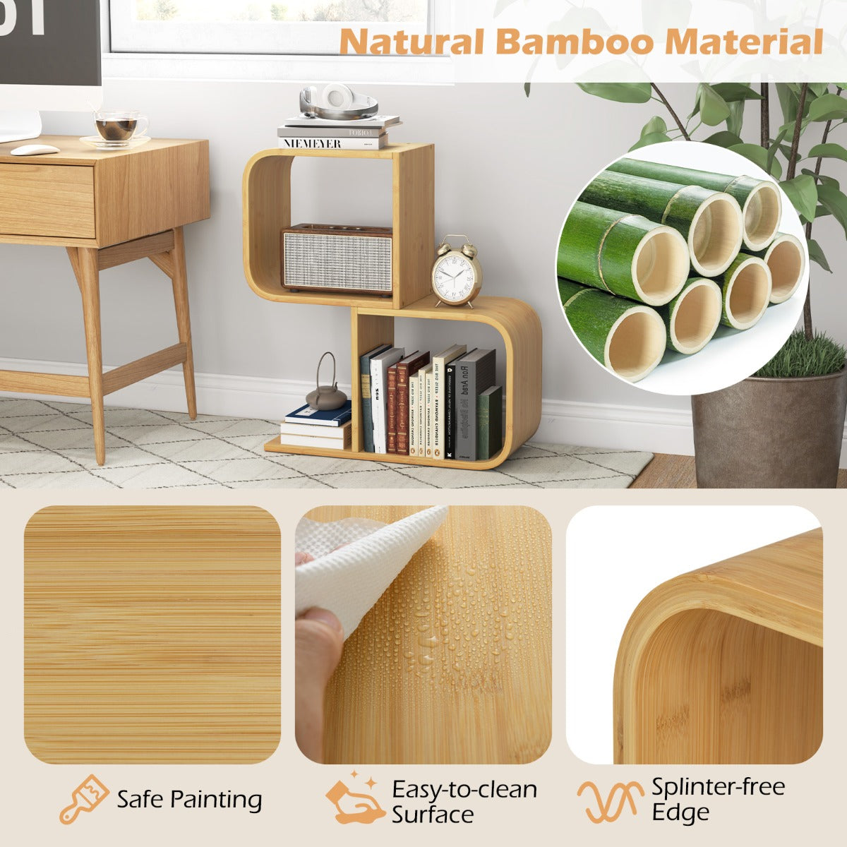 LIVSK Bamboe Boekenrek - S-vormig Design - 2 Vakken - Kantelbeveiliging - Ruimtebesparend - Natuur
