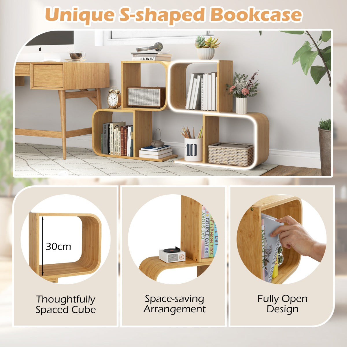 LIVSK Bamboe Boekenrek - S-vormig Design - 2 Vakken - Kantelbeveiliging - Ruimtebesparend - Natuur