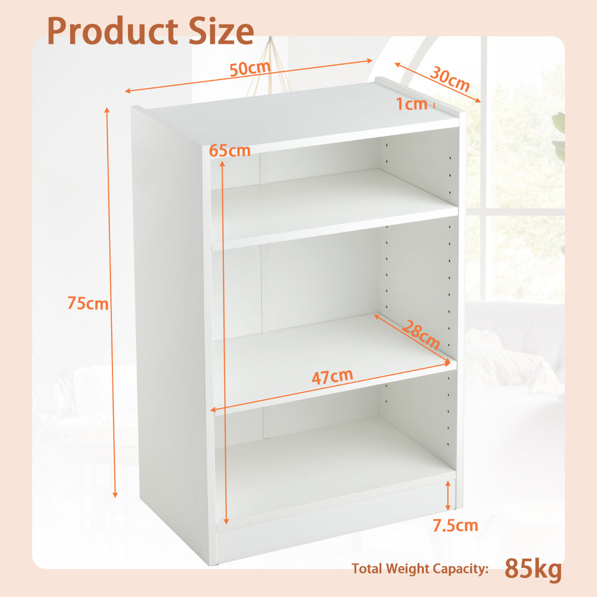 LIVSK Verstelbare Boekenkast - 3-traps Design met 18 Planken - Duurzaam en Modern - 50 x 30 x 75 cm - Wit
