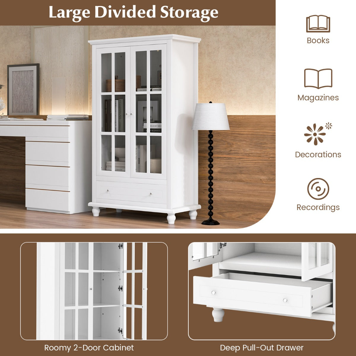 LIVSK Boekenkast met Gehard Glas Deuren - Tweedeurs Kast en Diepe Lade - Verstelbare Plank - Kantelbeveiliging - Wit