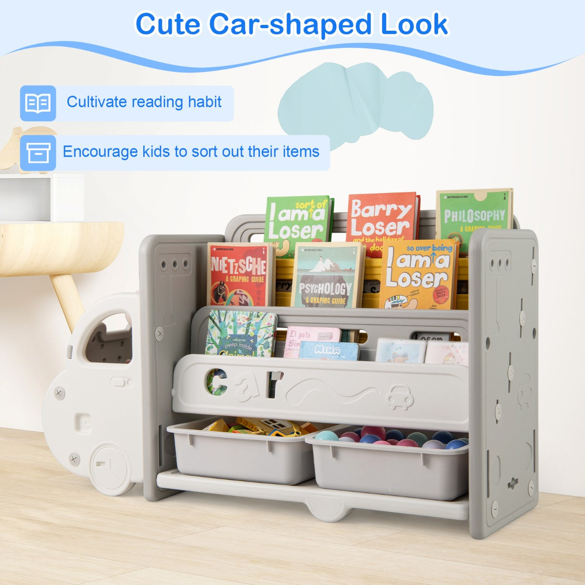 LIVSK Kinderboekenkast - Auto-ontwerp - 3 Niveaus - 2 Opbergdozen - 108 x 35 x 63,5 cm - Beige + Grijs