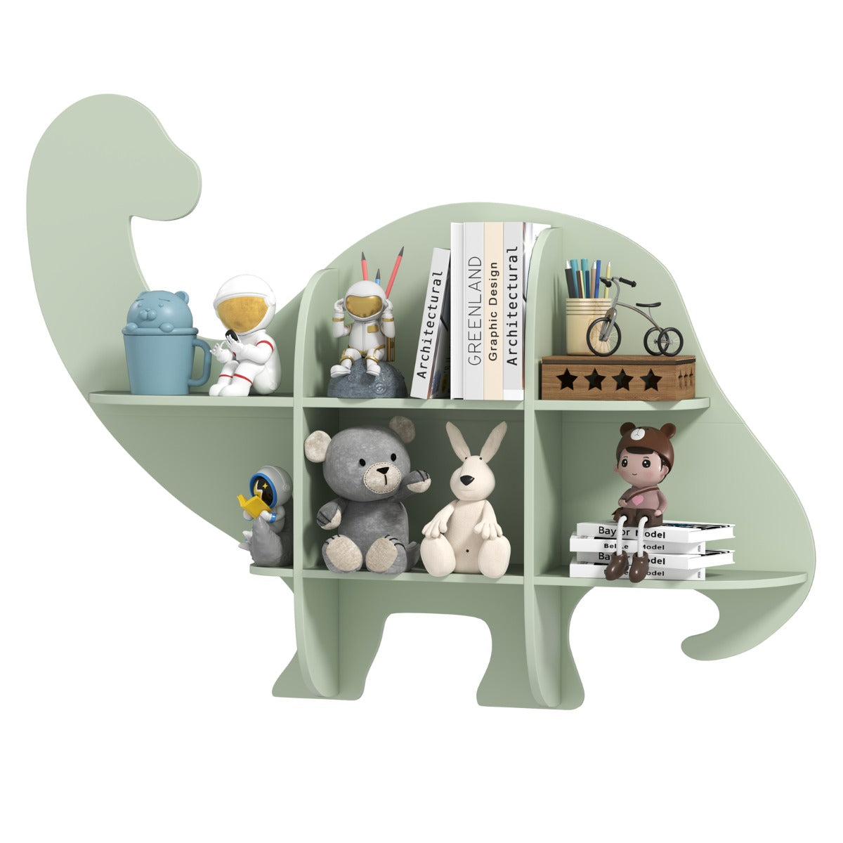 LIVSK Dinosaurus Kinderrek - Wandmontage met 2 Open Planken - Veilig en Duurzaam - Voor Boeken en Speelgoed - Groen