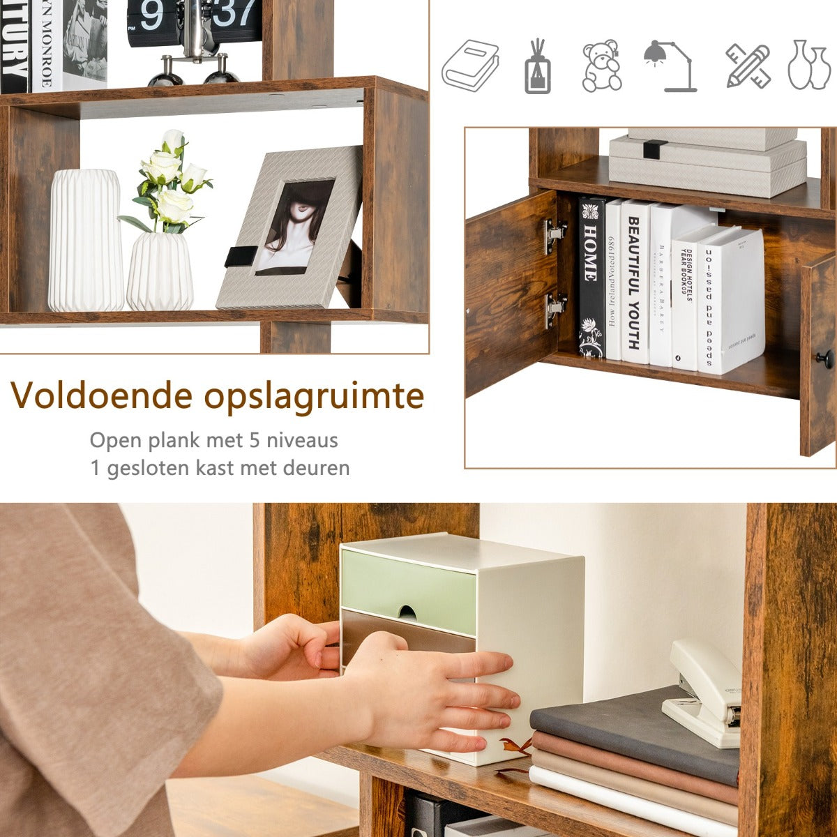 LIVSK S-vormige Boekenkast met Kabinet - 5 Open Planken - E0 Hout - Antislip Voetjes - Veiligheidsbevestiging - Koffie