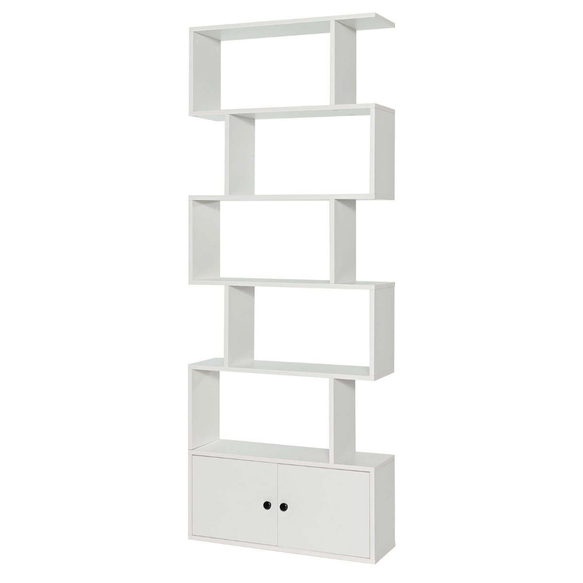 LIVSK S-vormige Boekenkast met Kabinet - 5 Open Planken - Hoogwaardig Hout en MDF - Antislip Voetkussens - 70 x 23 x 183 cm - Wit