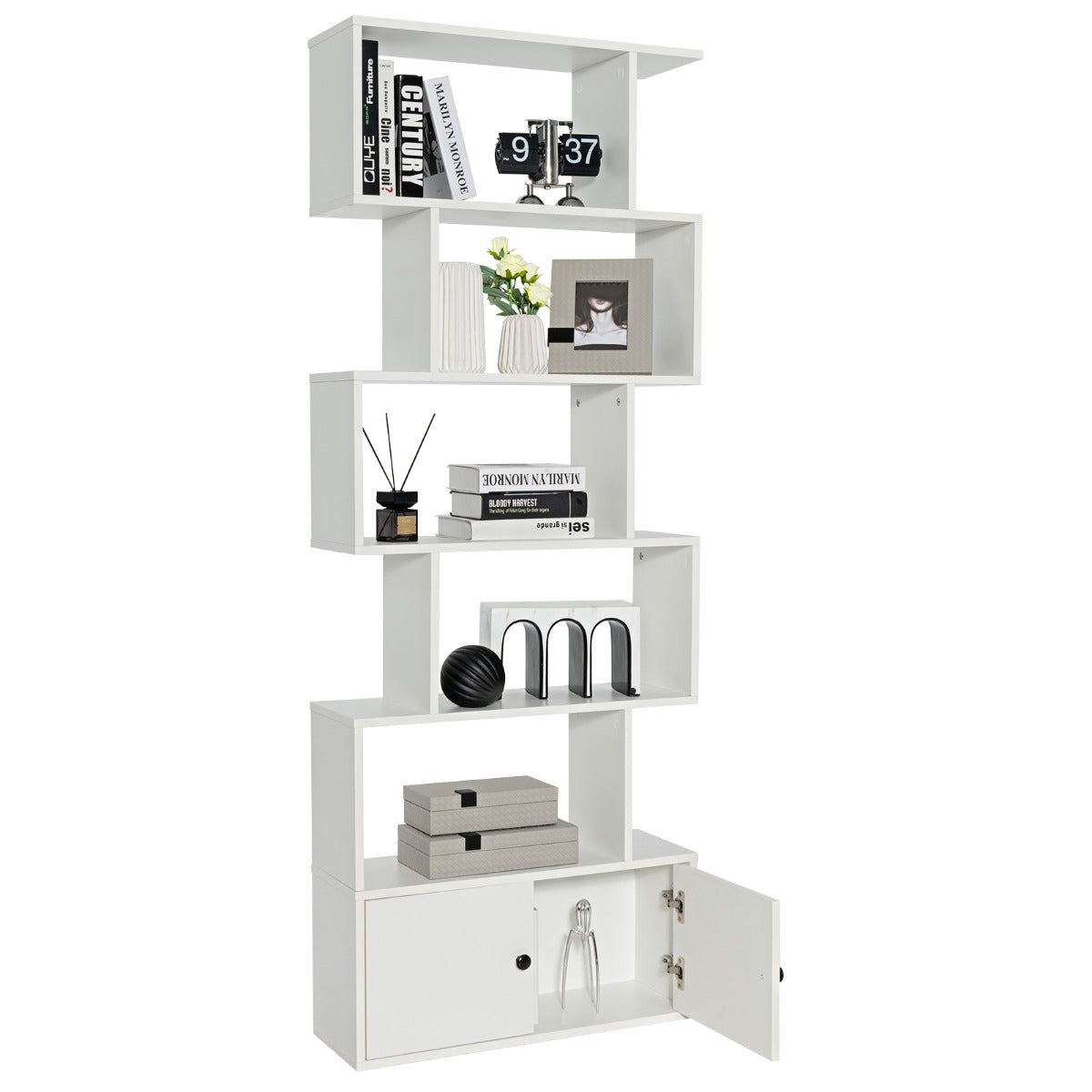 LIVSK S-vormige Boekenkast met Kabinet - 5 Open Planken - Hoogwaardig Hout en MDF - Antislip Voetkussens - 70 x 23 x 183 cm - Wit