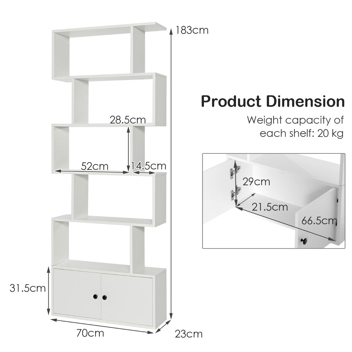 LIVSK S-vormige Boekenkast met Kabinet - 5 Open Planken - Hoogwaardig Hout en MDF - Antislip Voetkussens - 70 x 23 x 183 cm - Wit