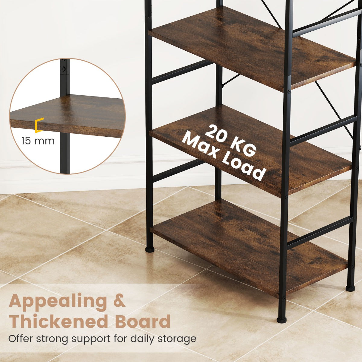 Livsk costway boekenrek met 5 niveaus 160 cm staand rek met open scheidingswand en metalen frame 3
