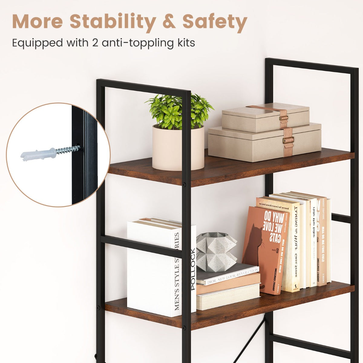 Livsk costway boekenrek met 5 niveaus 160 cm staand rek met open scheidingswand en metalen frame 4