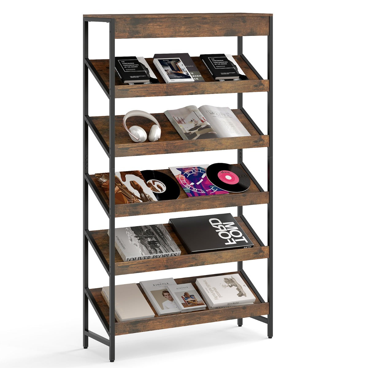Livsk costway boekenrek met 6 verdiepingen 161 cm vrijstaand opslagrek met schuine display staand rek met metalen frame bruin 1 1