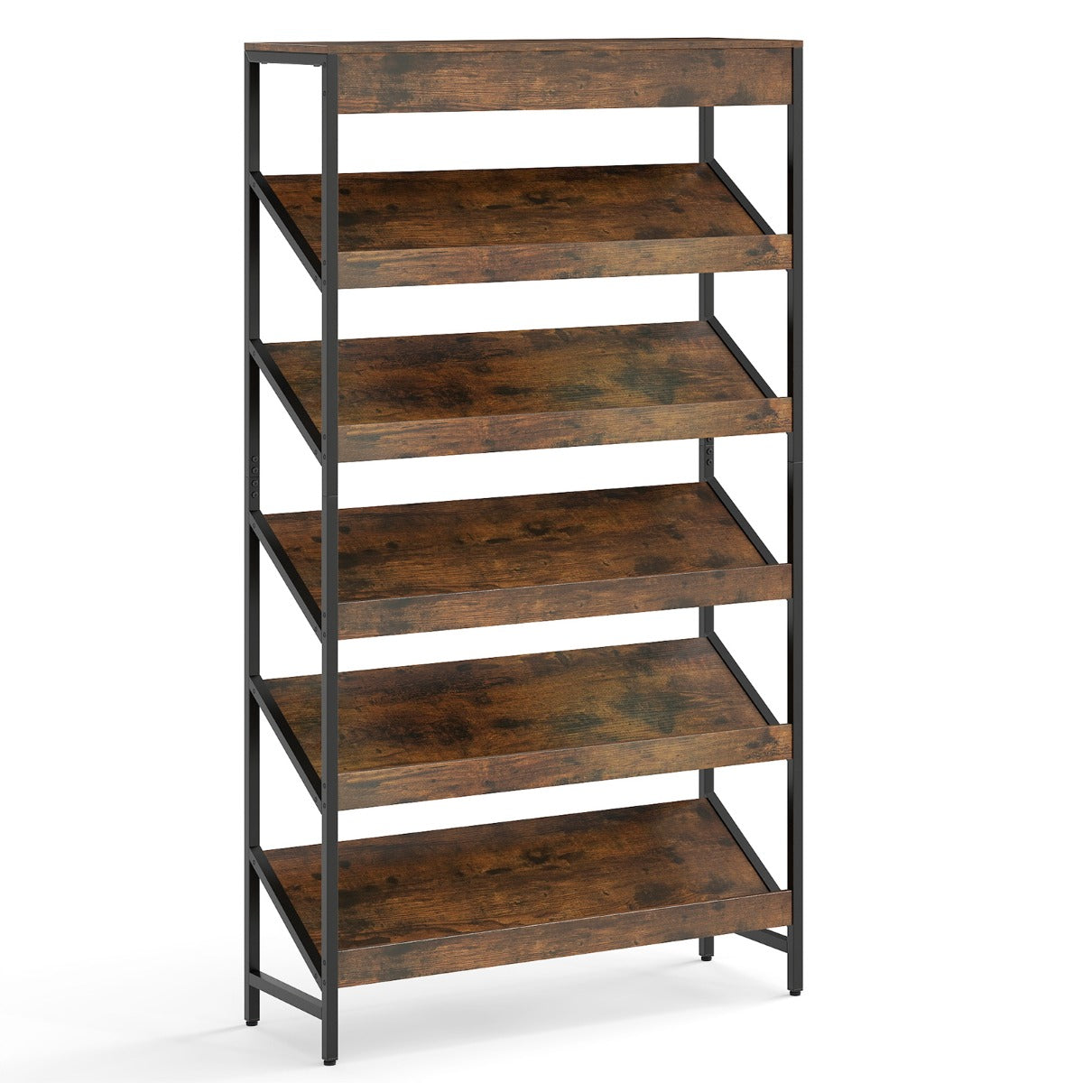 Livsk costway boekenrek met 6 verdiepingen 161 cm vrijstaand opslagrek met schuine display staand rek met metalen frame bruin