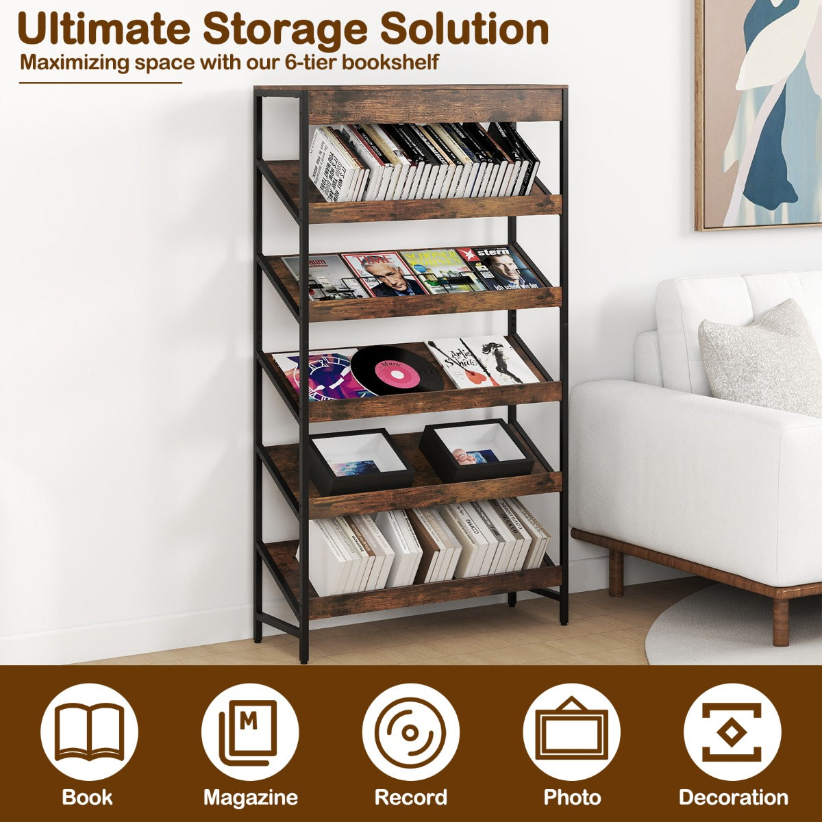 Livsk costway boekenrek met 6 verdiepingen 161 cm vrijstaand opslagrek met schuine display staand rek met metalen frame bruin 3