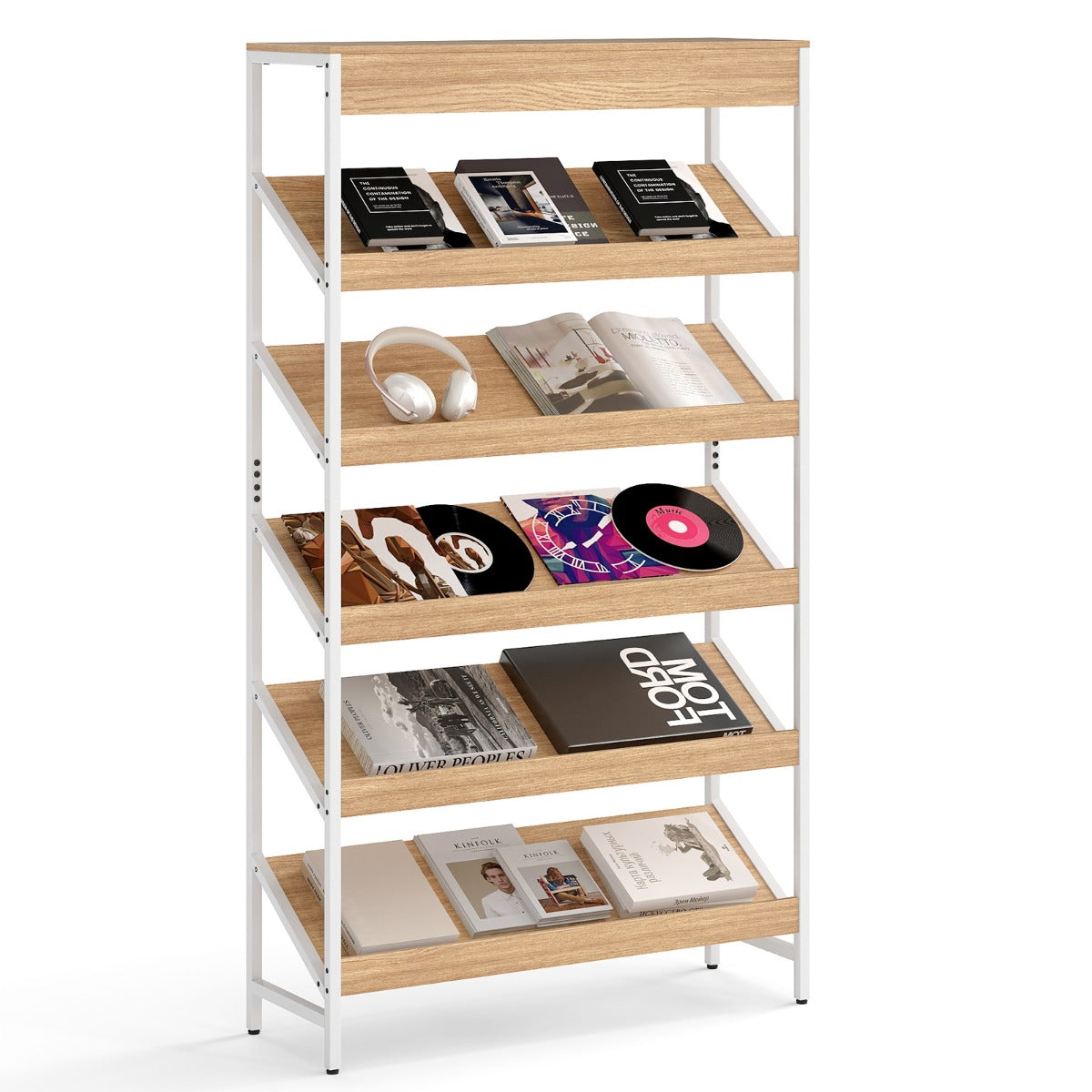 Livsk costway boekenrek met 6 verdiepingen 161 cm vrijstaand opslagrek met schuine display staand rek met metalen frame naturel 1 1