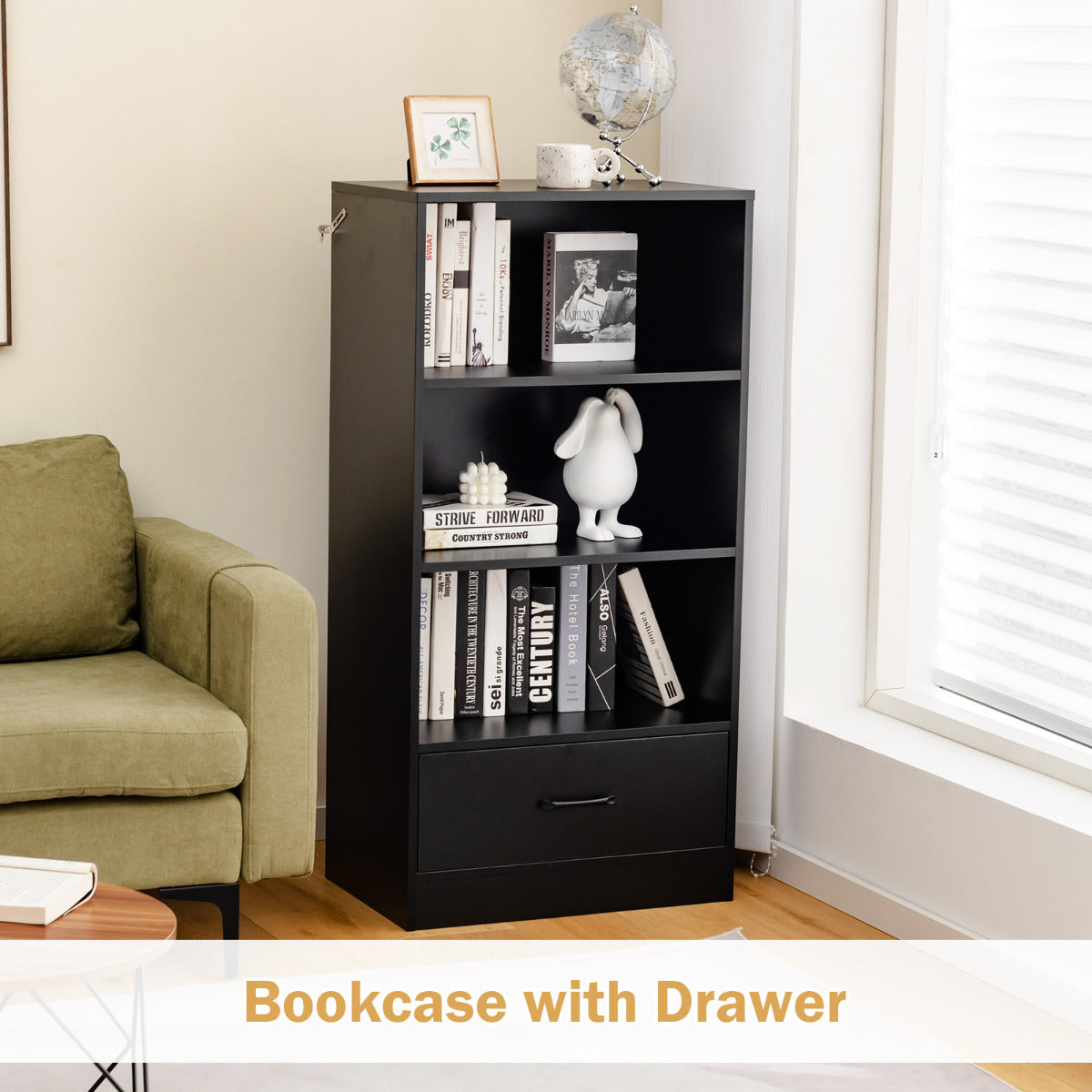 LIVSK Boekenkast met Lade - 4 Open Planken - Hoogwaardig MDF - Kantelbeveiliging - Tot 90 kg - 60 x 38 x 120 cm - Zwart