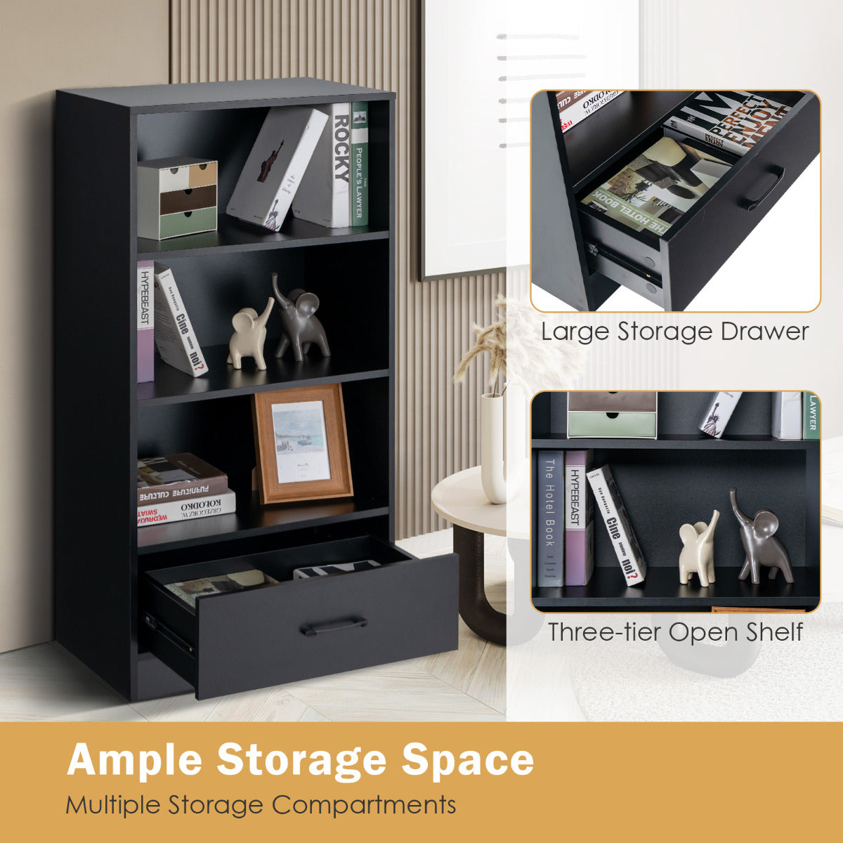 LIVSK Boekenkast met Lade - 4 Open Planken - Hoogwaardig MDF - Kantelbeveiliging - Tot 90 kg - 60 x 38 x 120 cm - Zwart