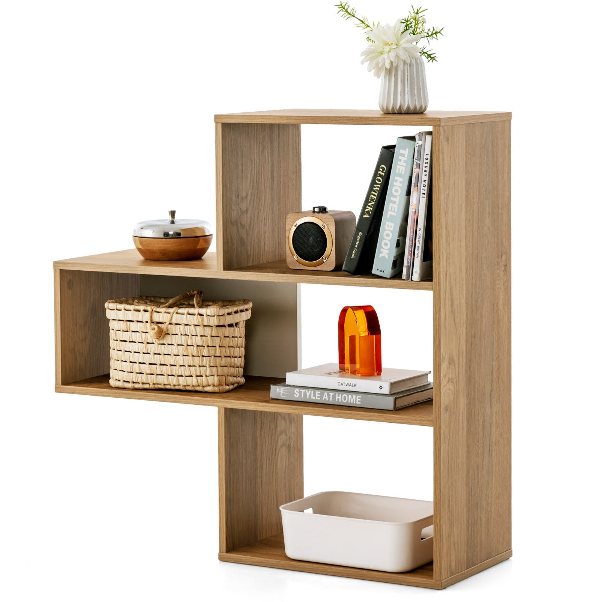 LIVSK Convexe Boekenkast - Uniek Geometrisch Design - 3 Open Planken - Duurzaam Hout - Kantelbeveiliging - Natuur