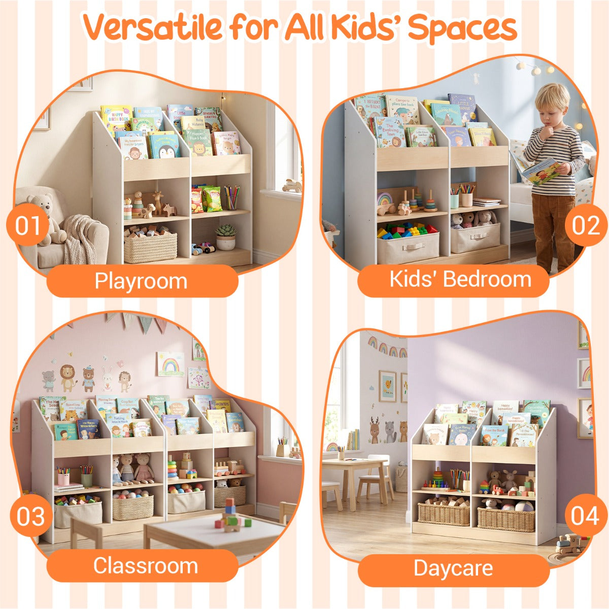 Livsk costway boekenrek voor kinderen speelgoedrek voor peuters met 4 rechtopstaande kubussen en 4 opbergvakken houten rek