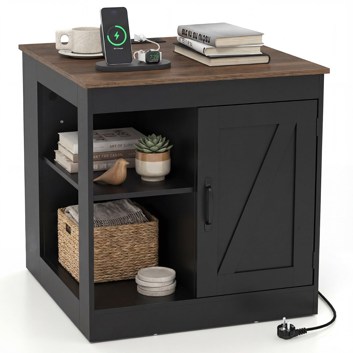 Livsk costway boerderij nachtkastje met oplaadstation houten nachtkastje rustieke bijzettafel voor slaapkamer