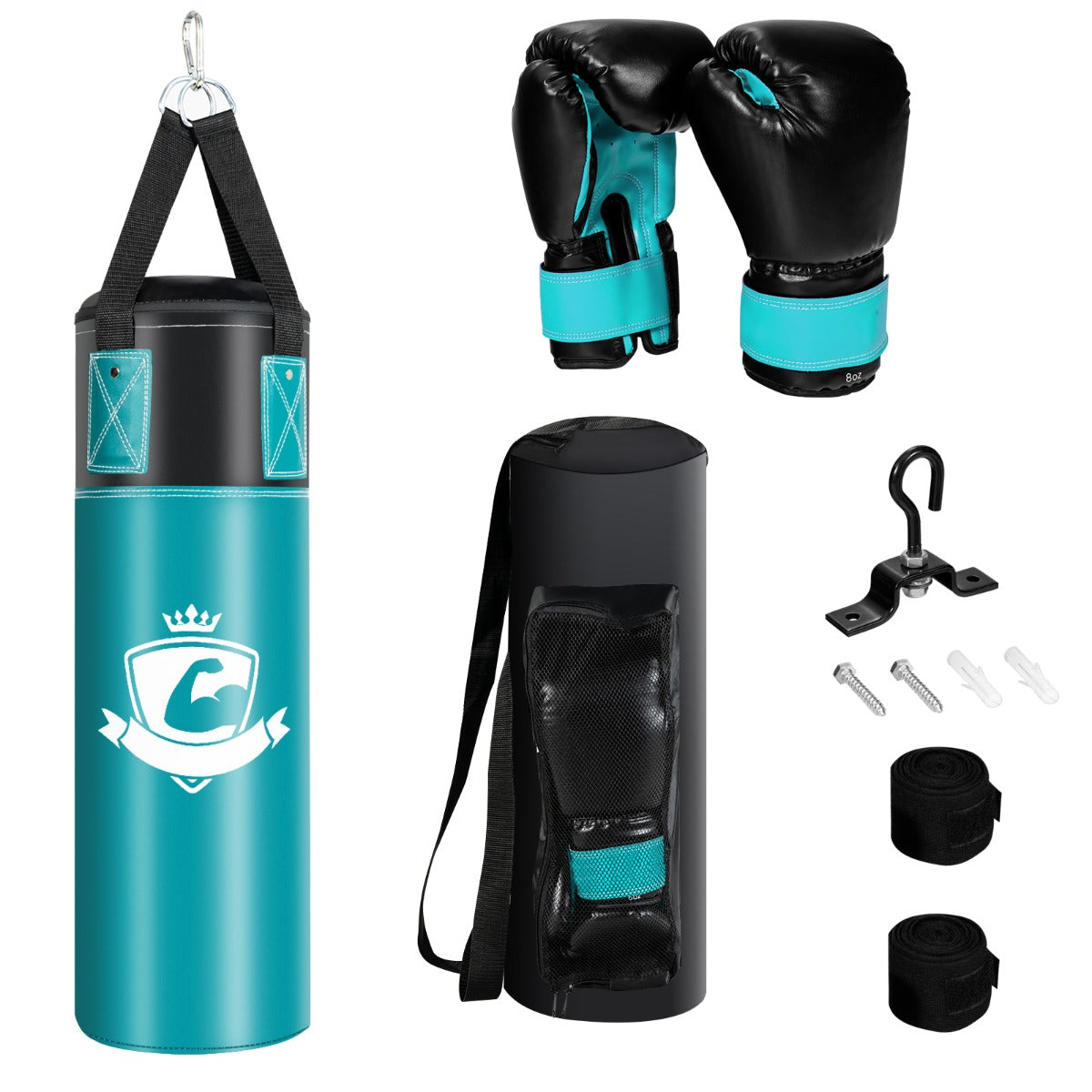 LIVSK Bokszak Set voor Kinderen - Inclusief Bokshandschoenen en Handriemen - Veilig en Comfortabel - 20 x 20 x 60 cm - Zwart/Groen