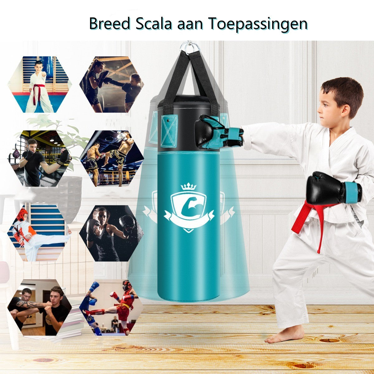 LIVSK Bokszak Set voor Kinderen - Inclusief Bokshandschoenen en Handriemen - Veilig en Comfortabel - 20 x 20 x 60 cm - Zwart/Groen