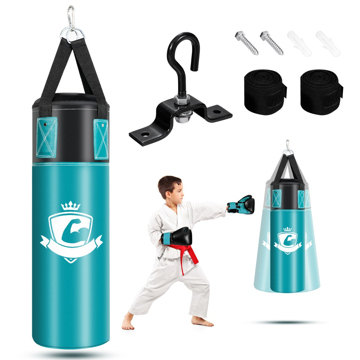 LIVSK Bokszak Set voor Kinderen - Inclusief Bokshandschoenen en Handriemen - Veilig en Comfortabel - 20 x 20 x 60 cm - Zwart/Groen