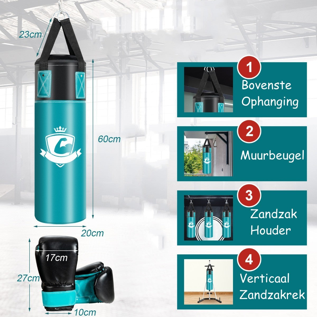 LIVSK Bokszak Set voor Kinderen - Inclusief Bokshandschoenen en Handriemen - Veilig en Comfortabel - 20 x 20 x 60 cm - Zwart/Groen