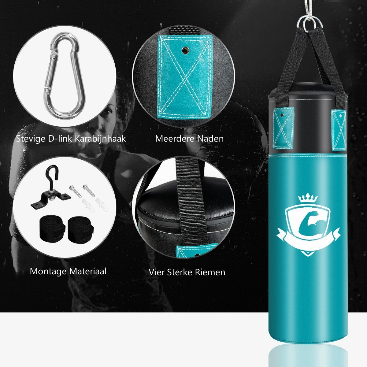 LIVSK Bokszak Set voor Kinderen - Inclusief Bokshandschoenen en Handriemen - Veilig en Comfortabel - 20 x 20 x 60 cm - Zwart/Groen