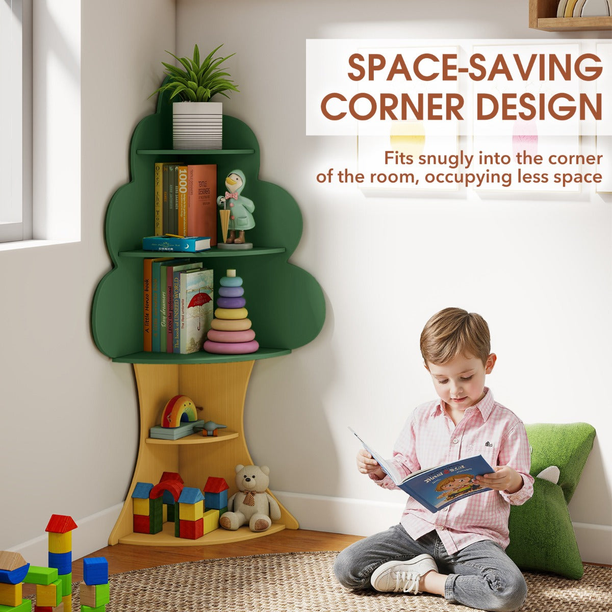 LIVSK Boomboekenplank - 5 Niveaus voor Boeken en Speelgoed - Ruimtebesparend en Veilig - Geschikt vanaf 3 jaar - Groen