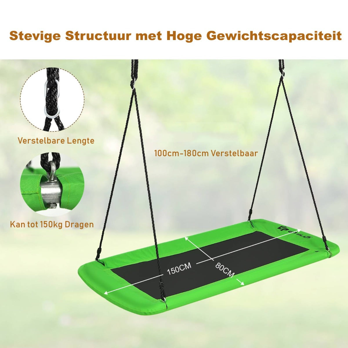 LIVSK Boomschommel Verstelbaar 100-180 cm - Weerbestendig - Hoog Draagvermogen 150 kg - Voor Binnen & Buiten - Groen