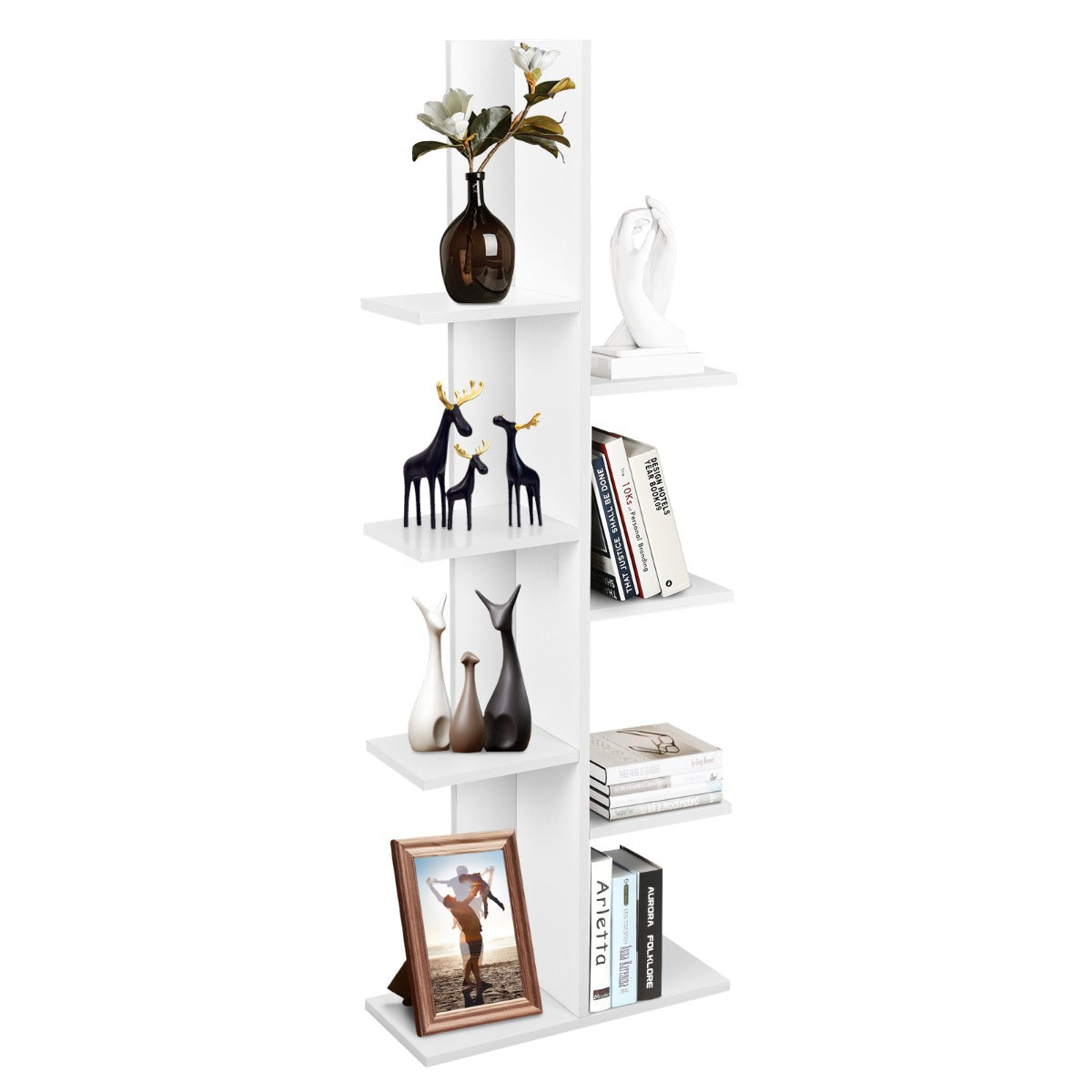 LIVSK Multifunctionele Boekenkast - 8 Planken - Duurzaam Hout - Antislipvoetkussens - Kantelbeveiliging - 50 x 20 x 141 cm - Wit