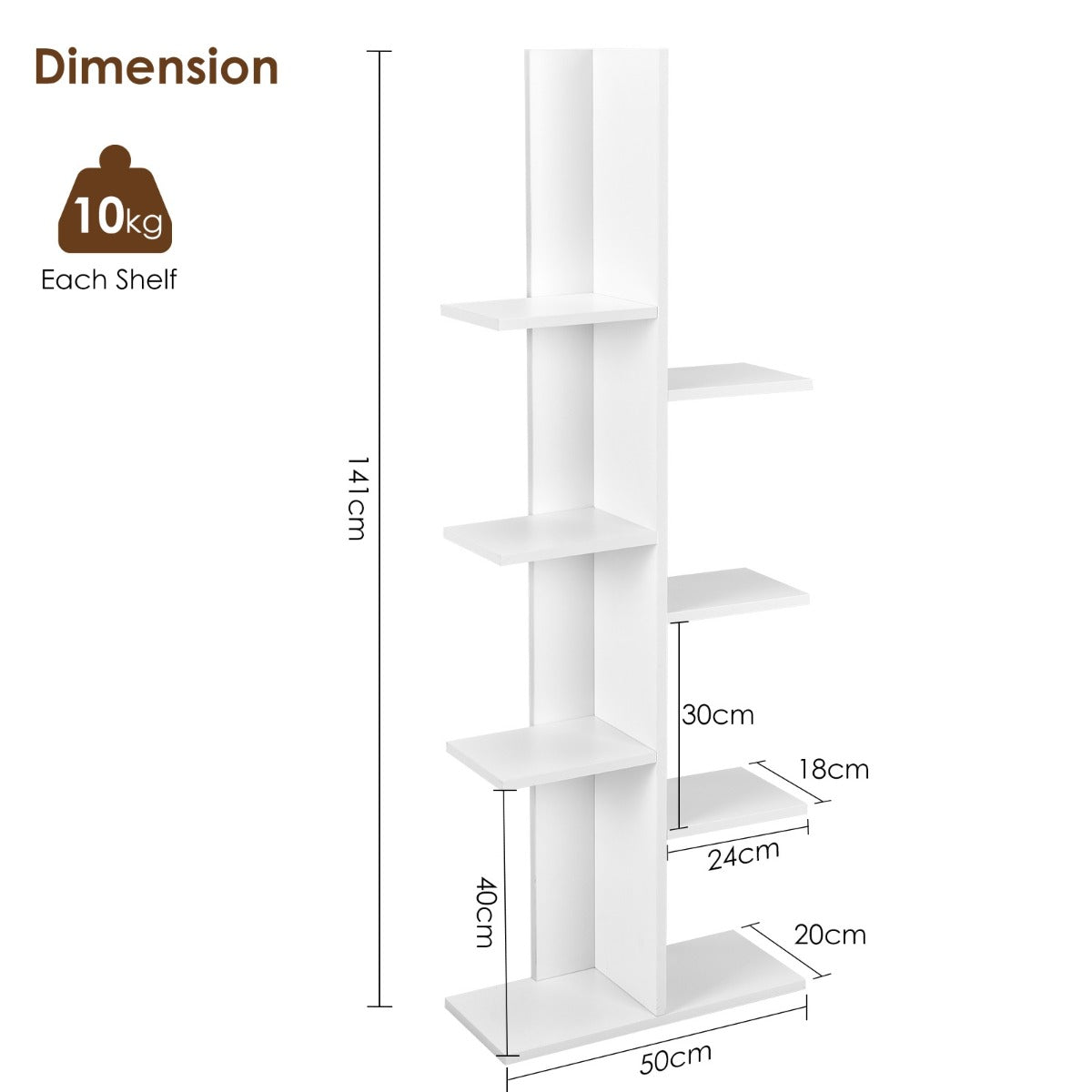 LIVSK Multifunctionele Boekenkast - 8 Planken - Duurzaam Hout - Antislipvoetkussens - Kantelbeveiliging - 50 x 20 x 141 cm - Wit