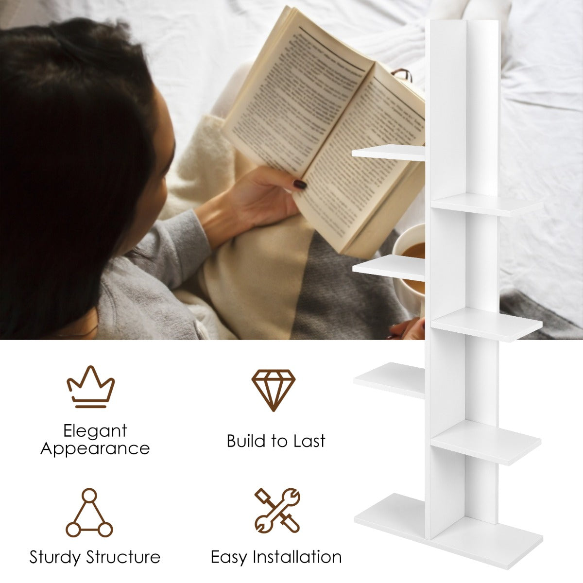 LIVSK Multifunctionele Boekenkast - 8 Planken - Duurzaam Hout - Antislipvoetkussens - Kantelbeveiliging - 50 x 20 x 141 cm - Wit