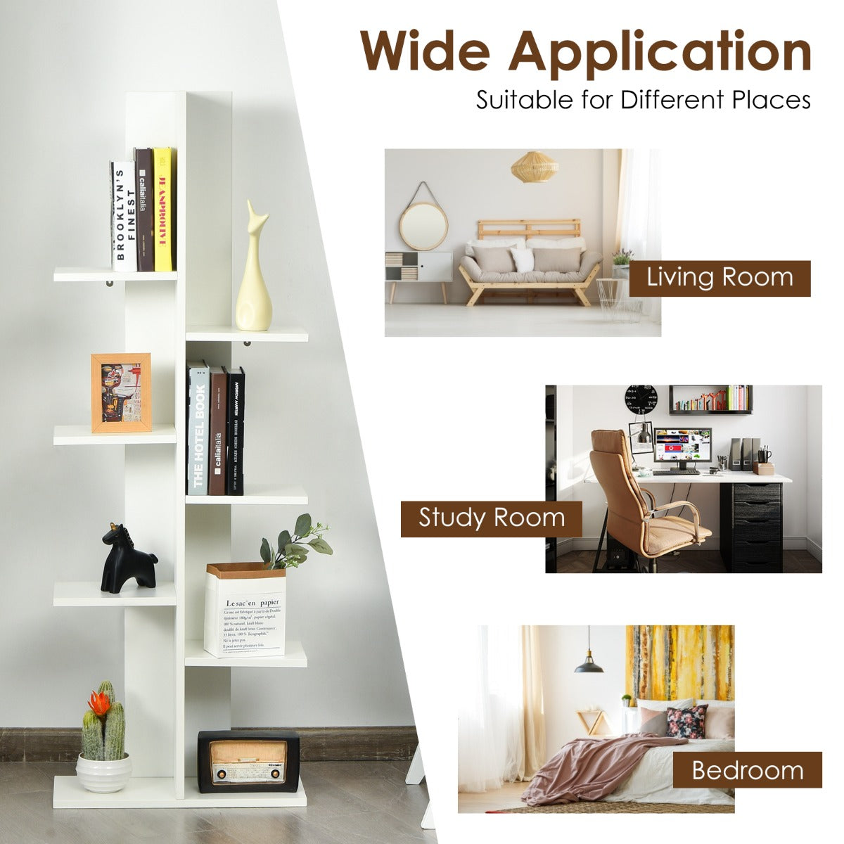 LIVSK Multifunctionele Boekenkast - 8 Planken - Duurzaam Hout - Antislipvoetkussens - Kantelbeveiliging - 50 x 20 x 141 cm - Wit