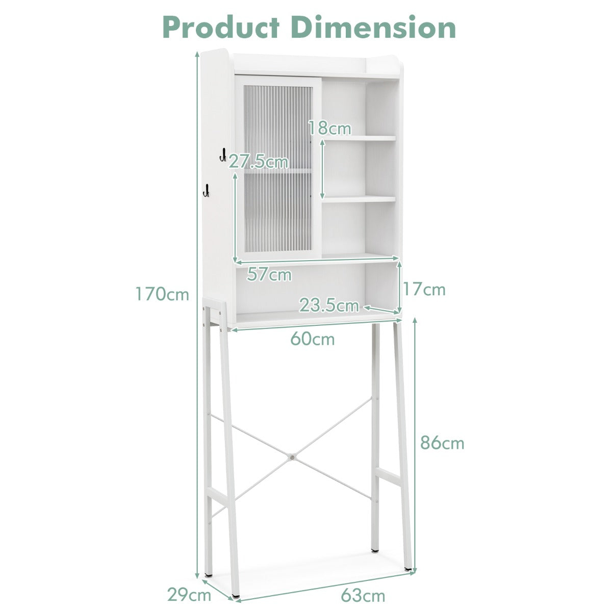 LIVSK Opbergelement Boven het Toilet - Verstelbare Planken - Dubbele Kantelbeveiliging - Stevig Metalen Frame - 63 x 29 x 170 cm