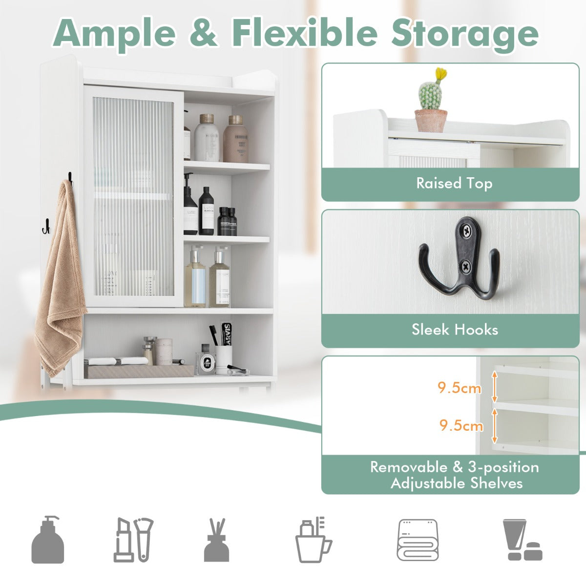 LIVSK Opbergelement Boven het Toilet - Verstelbare Planken - Dubbele Kantelbeveiliging - Stevig Metalen Frame - 63 x 29 x 170 cm