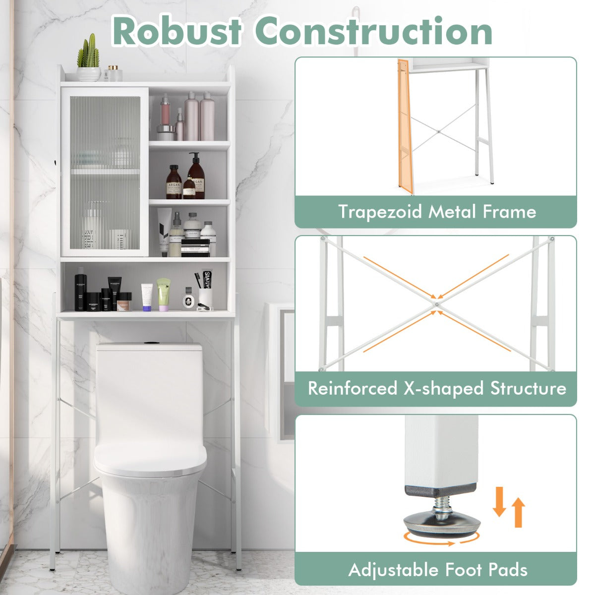 LIVSK Opbergelement Boven het Toilet - Verstelbare Planken - Dubbele Kantelbeveiliging - Stevig Metalen Frame - 63 x 29 x 170 cm