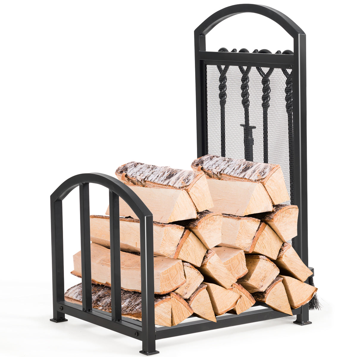 LIVSK Haardhoutrek met 4 Gereedschappen - Robuust Metaal - Ruimtebesparend - Eenvoudige Montage - 43,5 x 39,5 x 69,5 cm - Zwart