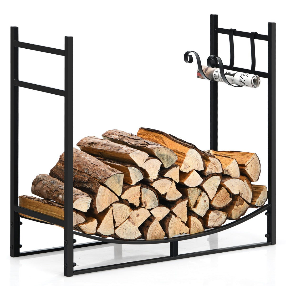 LIVSK Houten Brandhoutrek Metaal Zwart - Ruime opbergruimte - Robuust tot 50 kg - Eenvoudig te monteren - 84 x 33 x 76 cm - Zwart