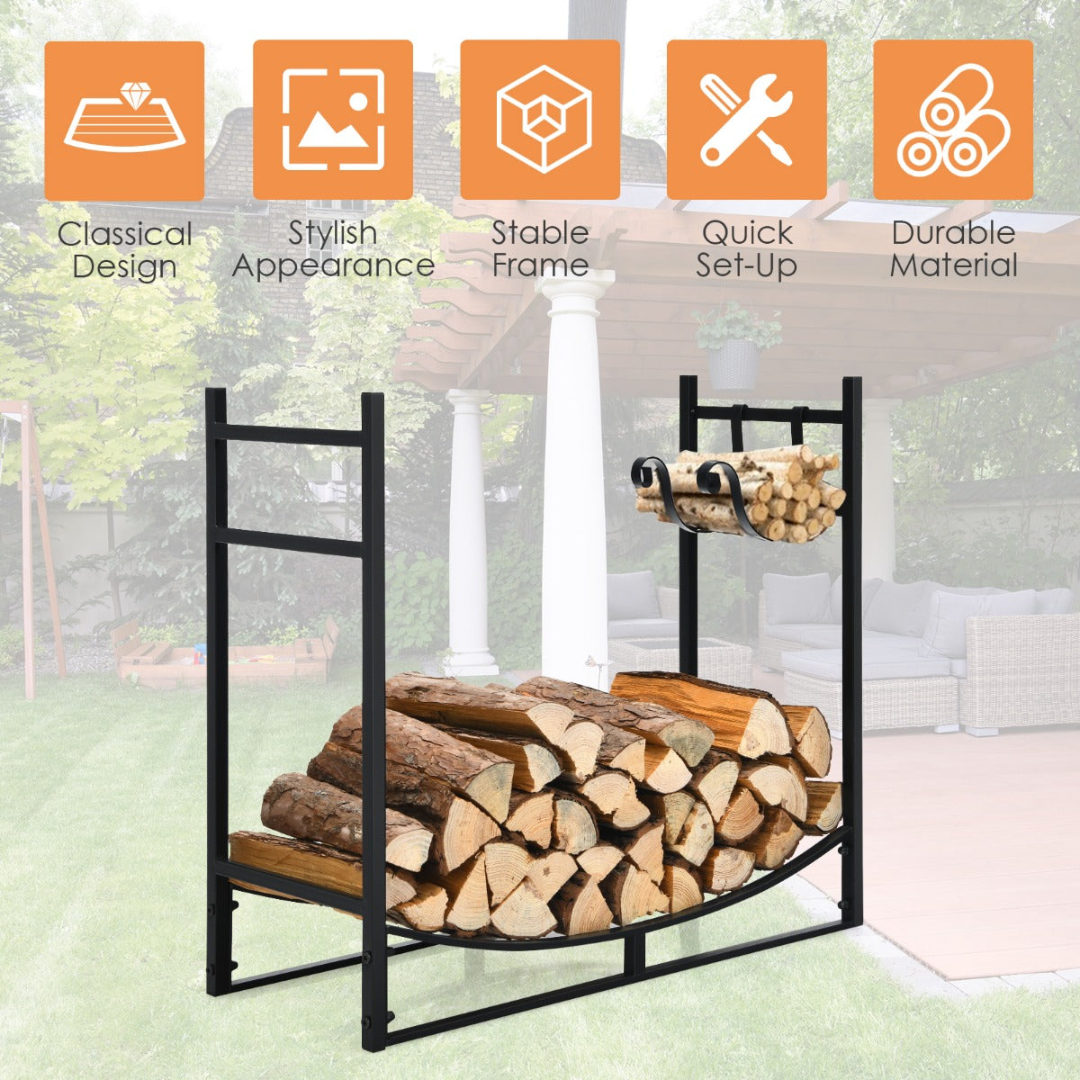 LIVSK Houten Brandhoutrek Metaal Zwart - Ruime opbergruimte - Robuust tot 50 kg - Eenvoudig te monteren - 84 x 33 x 76 cm - Zwart