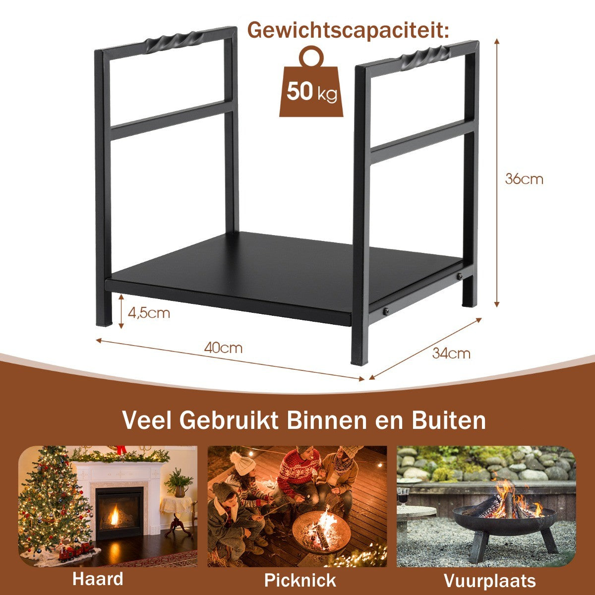 LIVSK Brandhoutrek Metaal - Handgrepen - Duurzaam en Weerbestendig - 50 kg Capaciteit - 40 x 34 x 36 cm - Zwart