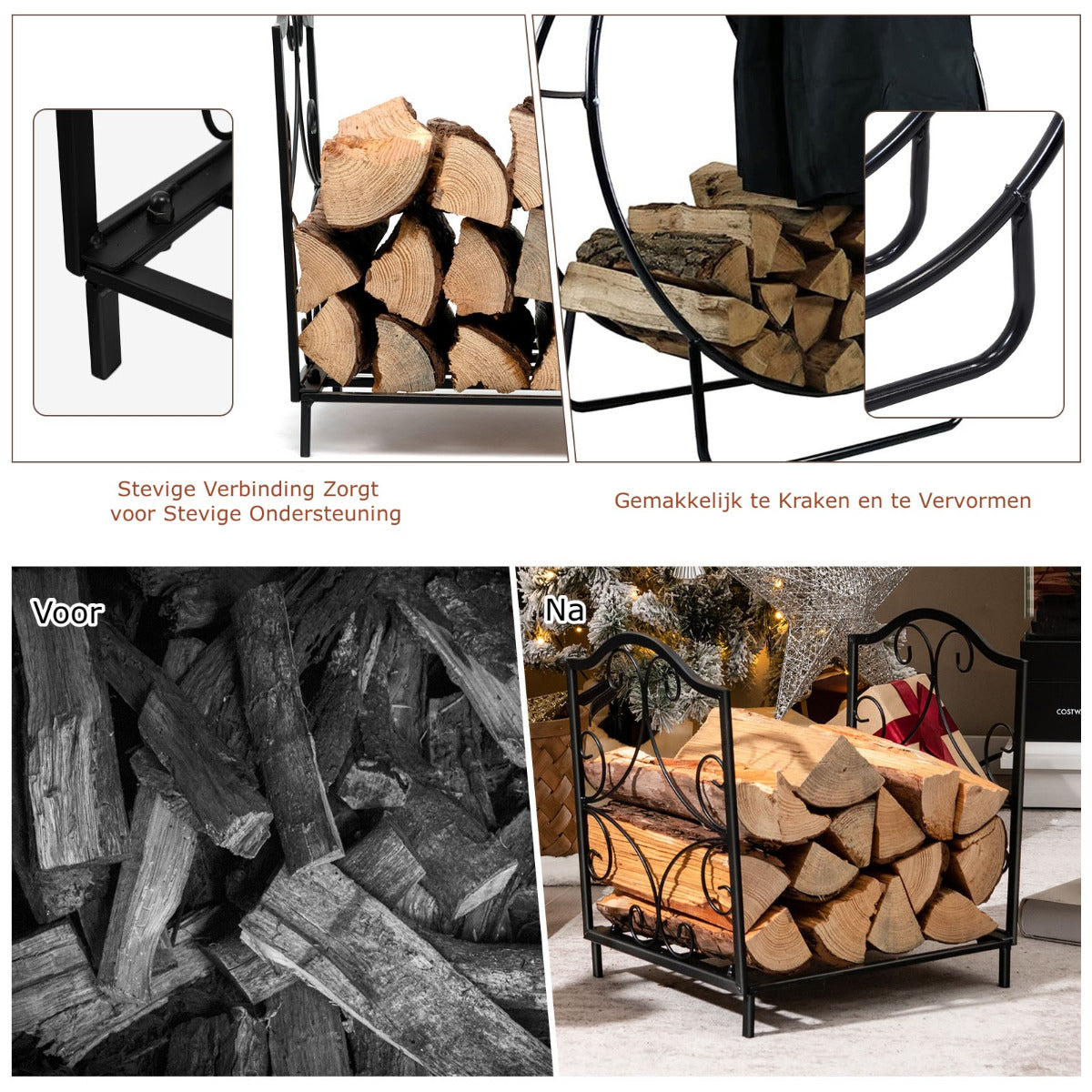LIVSK brandhoutstandaard - Stalen Houtblokhouder - 60 kg Laadvermogen - Compact 37 x 32 x 39,5 cm - Binnen/Buiten - Zwart