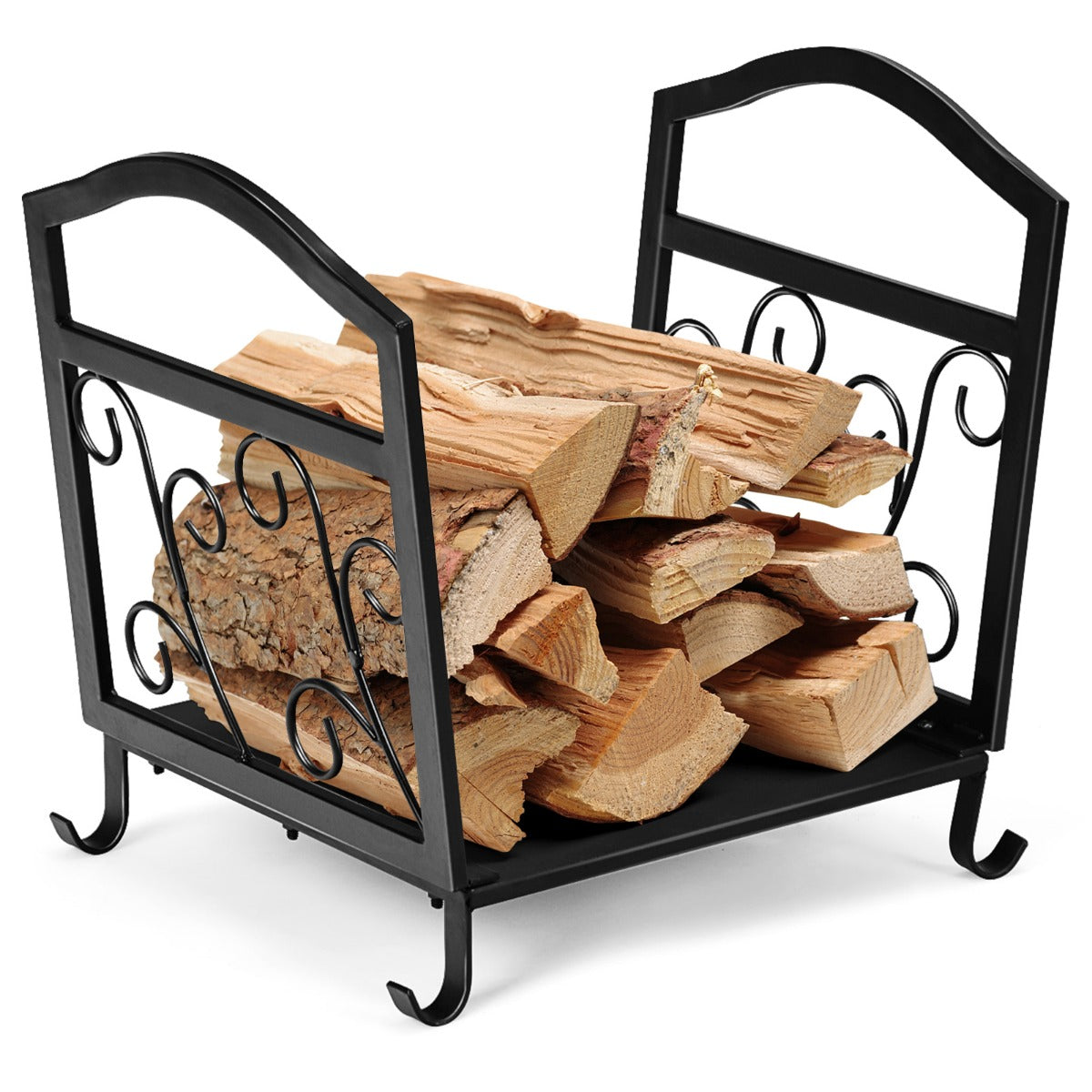 LIVSK Haardhoutrek van Metaal - Stevig en Ruimtebesparend - Draagvermogen 60 kg - Elegante Patronen - 43 x 32,5 x 40 cm - Zwart