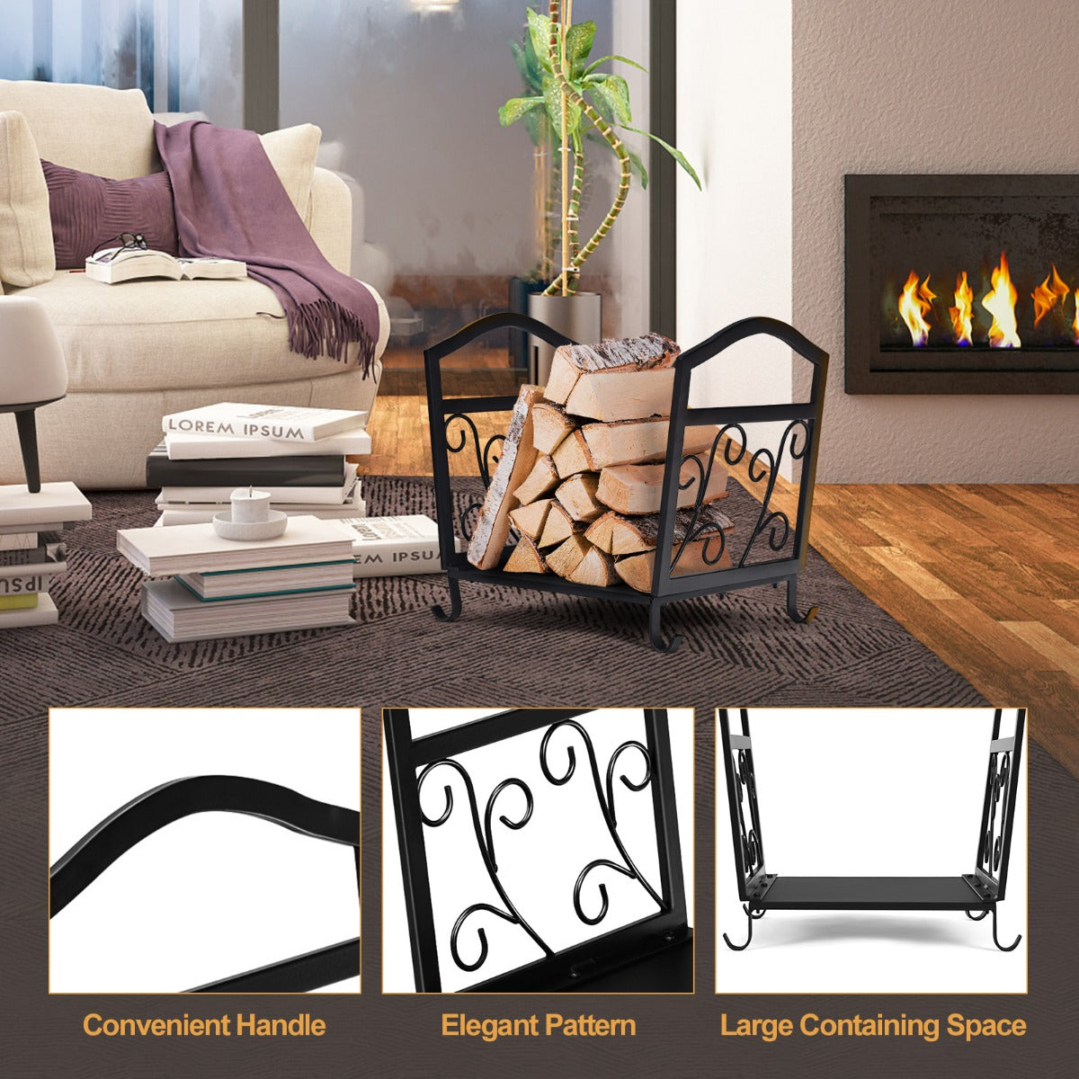 LIVSK Haardhoutrek van Metaal - Stevig en Ruimtebesparend - Draagvermogen 60 kg - Elegante Patronen - 43 x 32,5 x 40 cm - Zwart