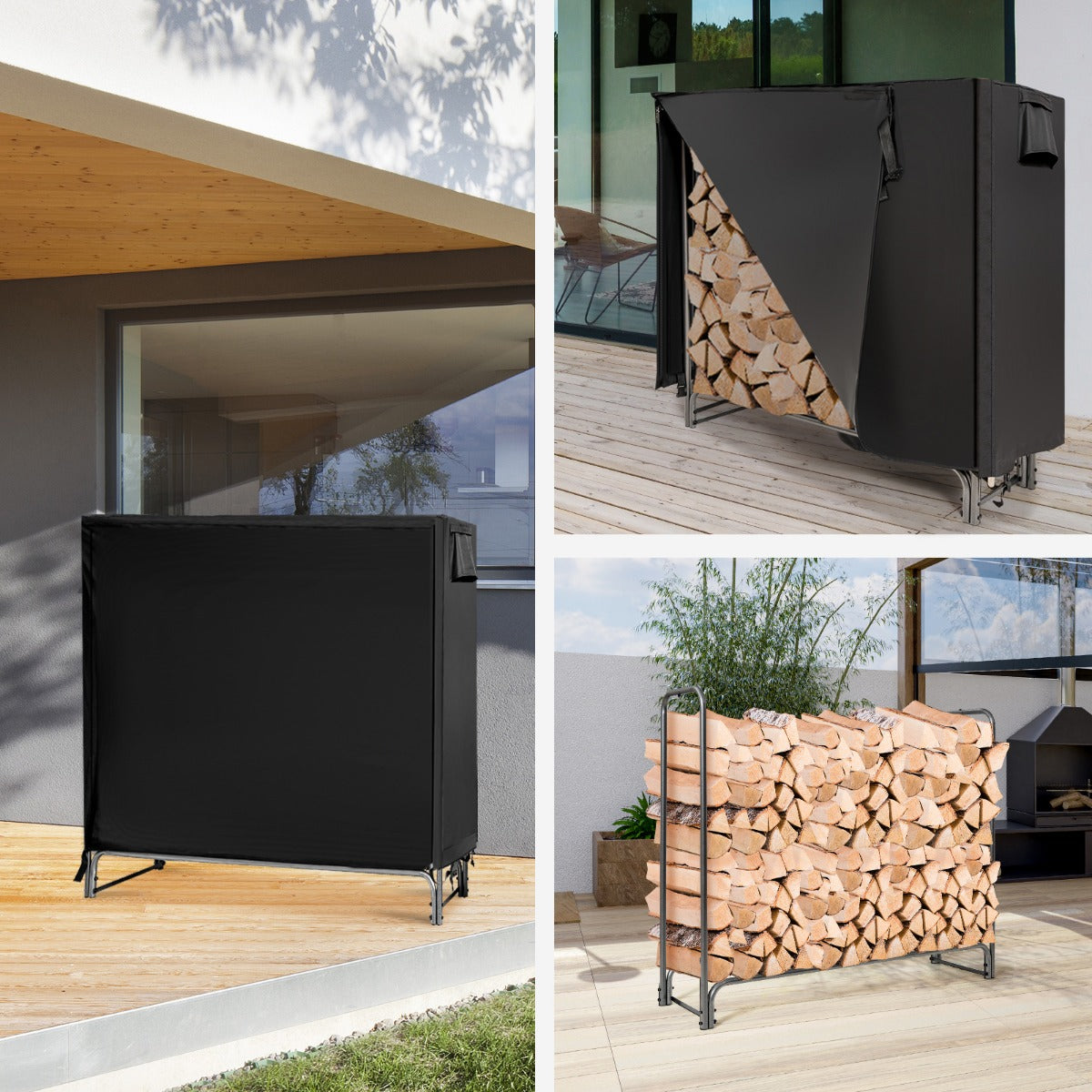 LIVSK Brandhoutrek voor Buiten - Waterdichte PVC-afdekking - Ventilatieopening - Roestbestendig - 122,5 x 35,5 x 122,5 cm - Zwart