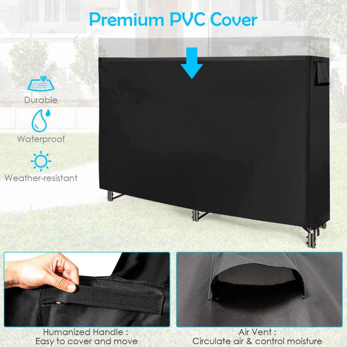 LIVSK Brandhoutopslag met PVC-afdekking - Waterdicht en Ventilatieopening - Duurzaam en Stabiel - 184 x 35,5 x 122,5 cm - Zwart