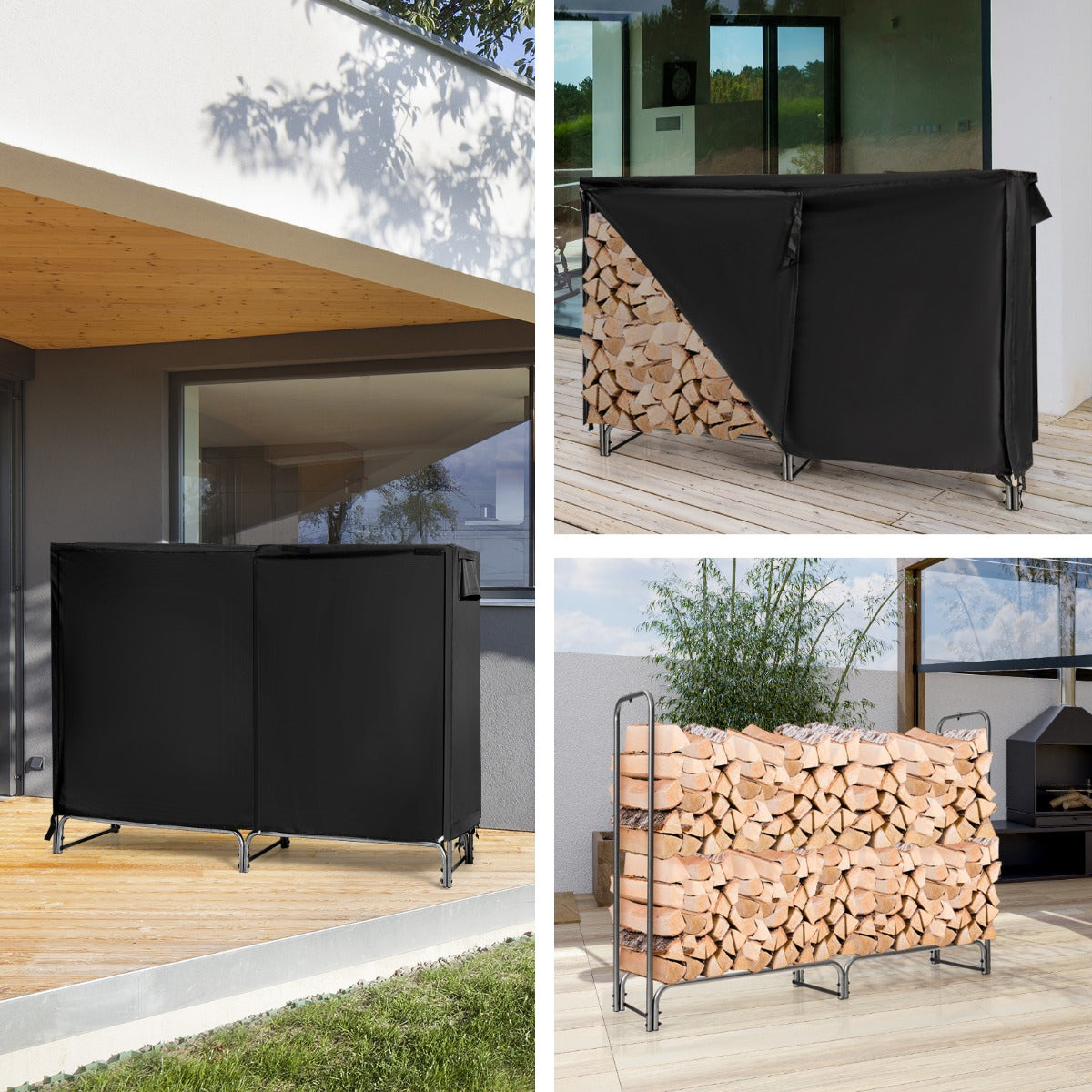 LIVSK Brandhoutopslag met PVC-afdekking - Waterdicht en Ventilatieopening - Duurzaam en Stabiel - 184 x 35,5 x 122,5 cm - Zwart