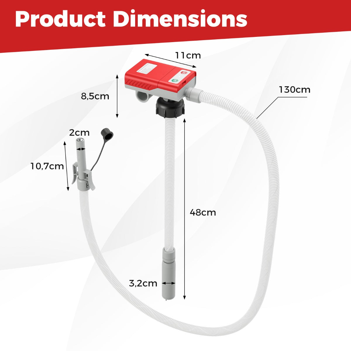 LIVSK Brandstoftransferpomp met Auto-stopsensor - USB en Batterijgevoed - Inclusief 130 cm Afvoerslang en Adapters - Rood/Wit